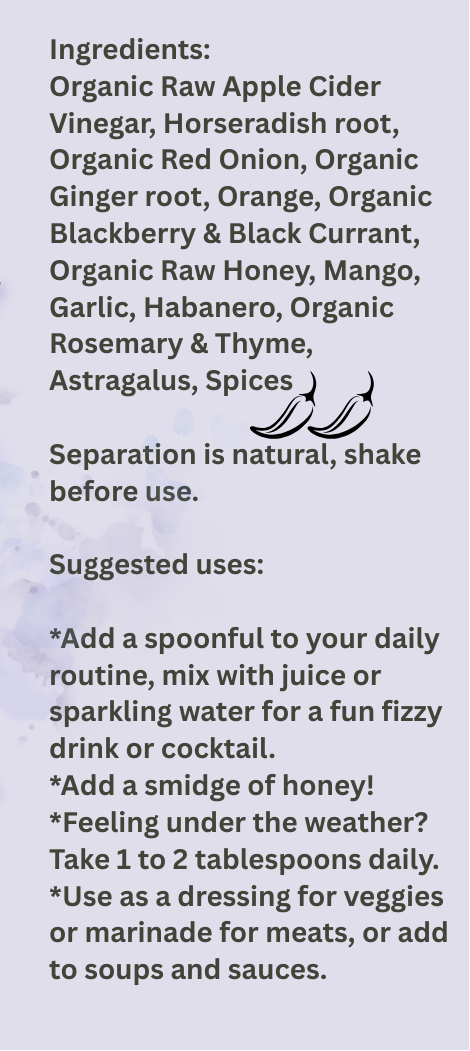 Label for Blackberry & Black Currant Fire Cider with text and branding details.