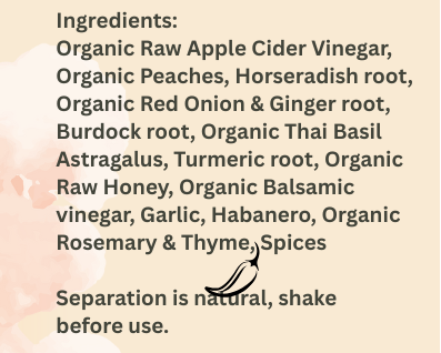 Peach & Thai Basil Fire Cider label with text and branding