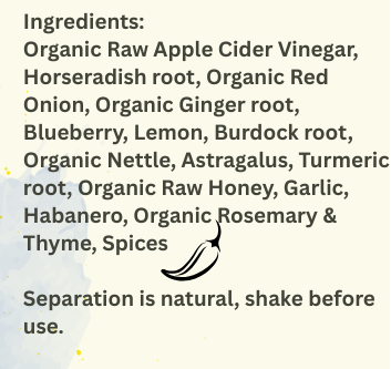 Label of Blueberry Nettle & Lemon Fire Cider with text and branding details.